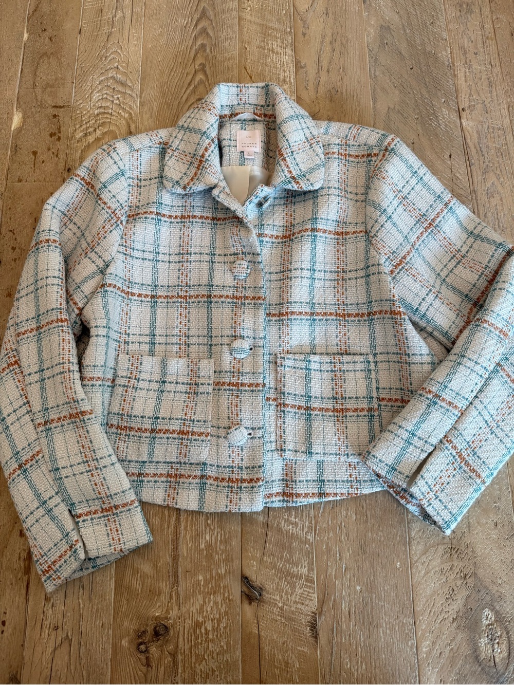 Lauren Conrad Blue Cream Plaid Tweed Jacket L